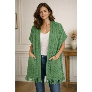 The Irish Store 100% Merino Wool Kelly Green O/S Cable Knit Fringe Shawl Cape